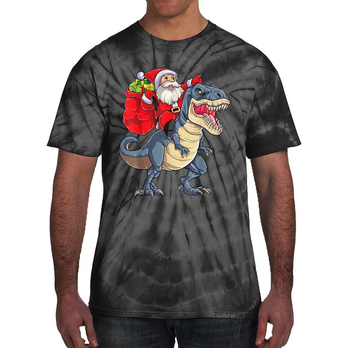 Santa Riding Dinosaur T Rex ChristmasBoys Men Xmas Tie-Dye T-Shirt