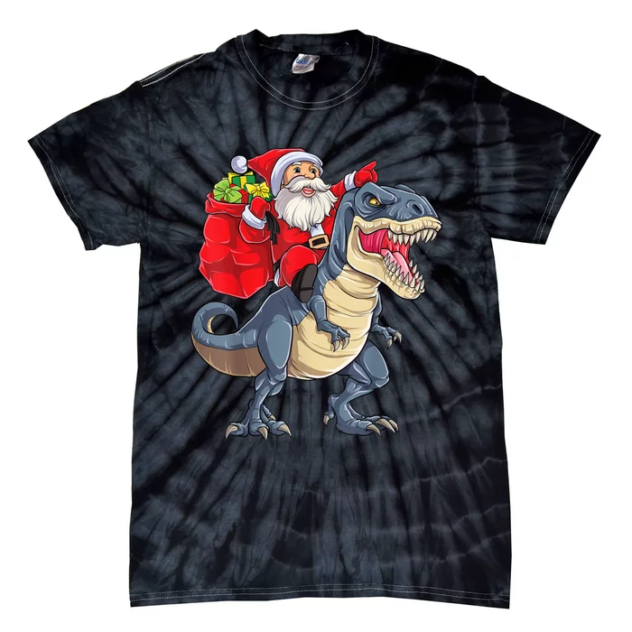 Santa Riding Dinosaur T Rex ChristmasBoys Men Xmas Tie-Dye T-Shirt