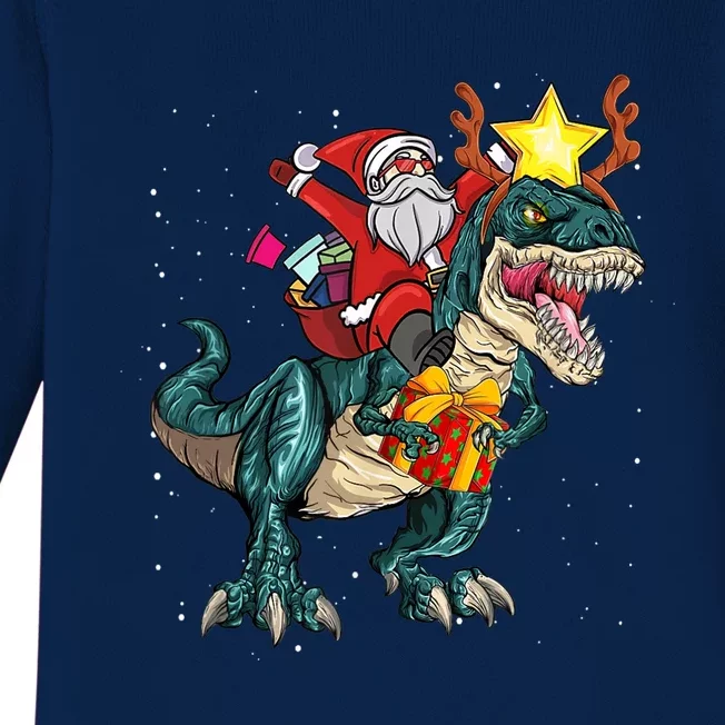 Santa Riding Dinosaur T Rex Christmas Party Boys Xmas Baby Long Sleeve Bodysuit