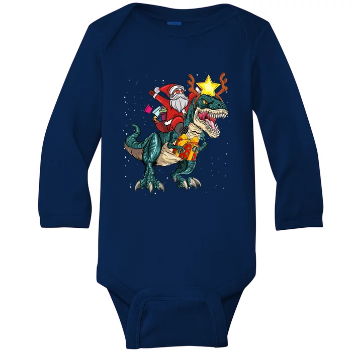 Santa Riding Dinosaur T Rex Christmas Party Boys Xmas Baby Long Sleeve Bodysuit