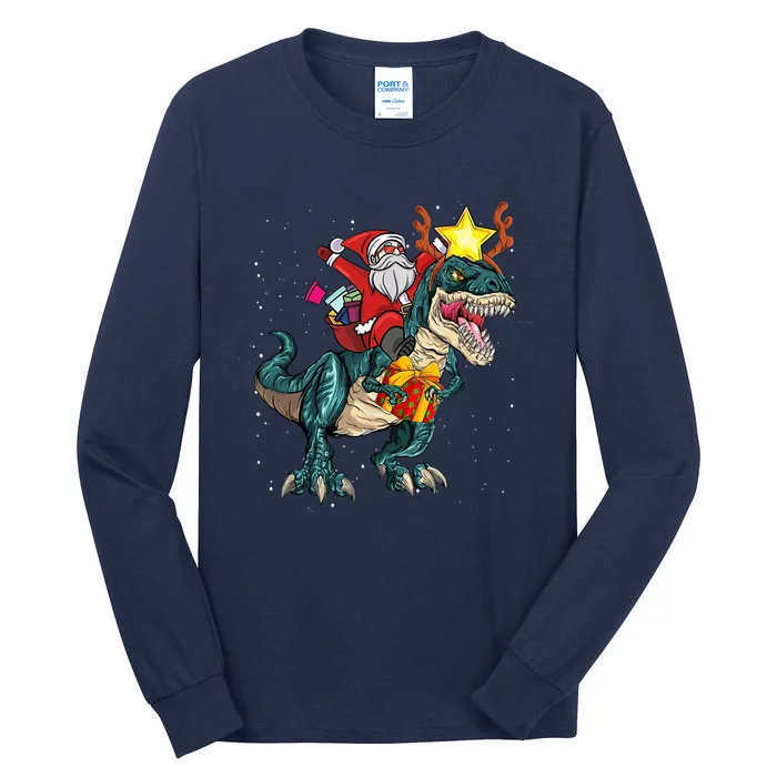 Santa Riding Dinosaur T Rex Christmas Party Boys Xmas Tall Long Sleeve T-Shirt