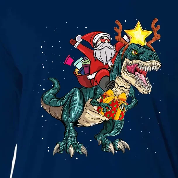 Santa Riding Dinosaur T Rex Christmas Party Boys Xmas Cooling Performance Long Sleeve Crew