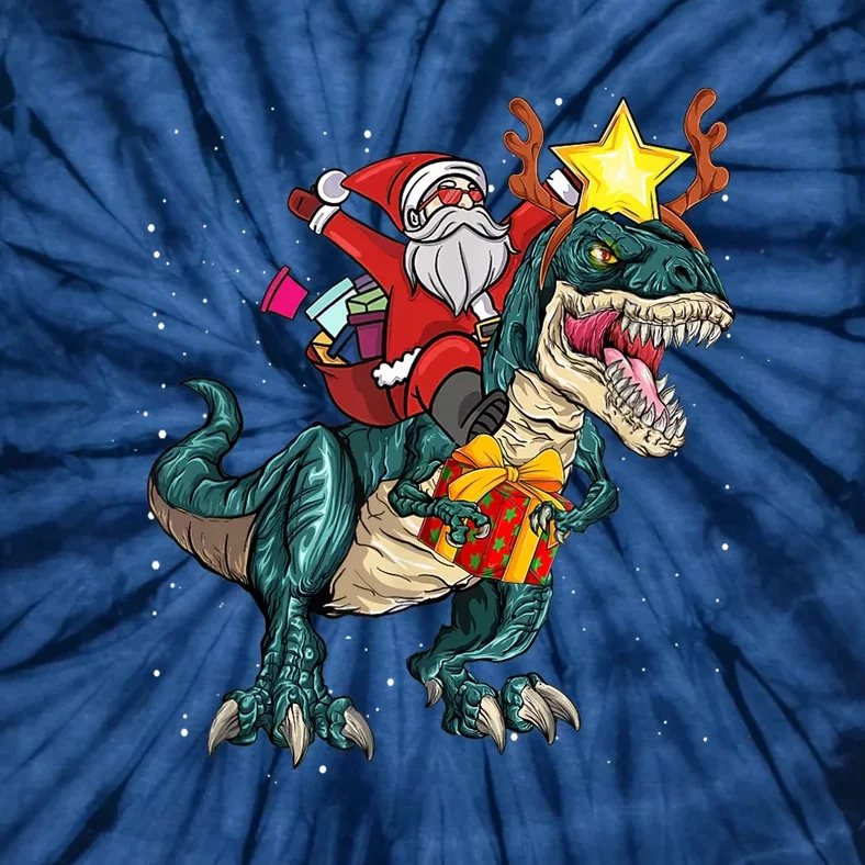 Santa Riding Dinosaur T Rex Christmas Party Boys Xmas Tie-Dye T-Shirt