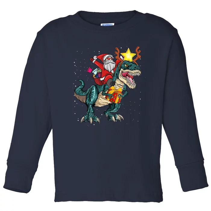 Santa Riding Dinosaur T Rex Christmas Party Boys Xmas Toddler Long Sleeve Shirt