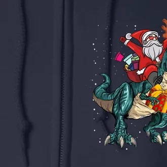 Santa Riding Dinosaur T Rex Christmas Party Boys Xmas Full Zip Hoodie