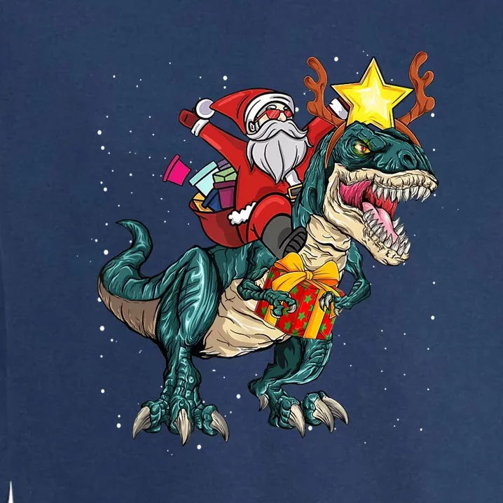 Santa Riding Dinosaur T Rex Christmas Party Boys Xmas Garment-Dyed Sweatshirt