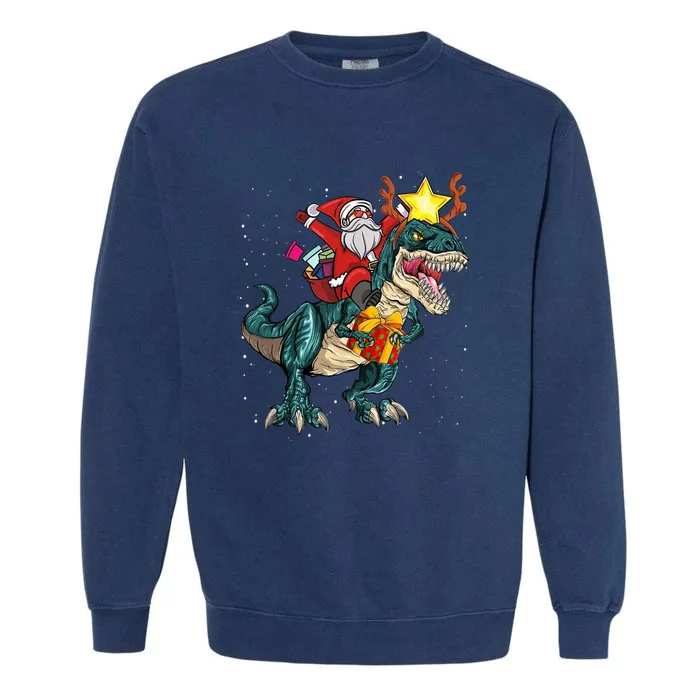 Santa Riding Dinosaur T Rex Christmas Party Boys Xmas Garment-Dyed Sweatshirt