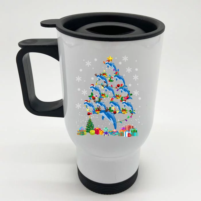 Santa Reindeer Dolphin Xmas Tree Light Dolphin Gift Front & Back Stainless Steel Travel Mug