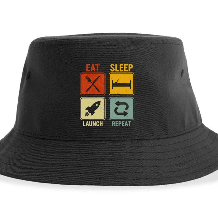 Sarcastic Retro Design Eat Sleep Launch Repeat Sustainable Bucket Hat