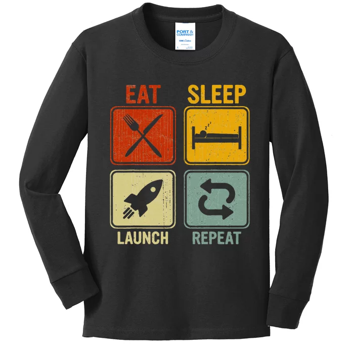 Sarcastic Retro Design Eat Sleep Launch Repeat Kids Long Sleeve Shirt