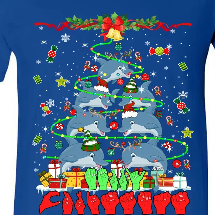 Santa Reindeer Dolphins Xmas Tree Hands Sign Language Gift V-Neck T-Shirt