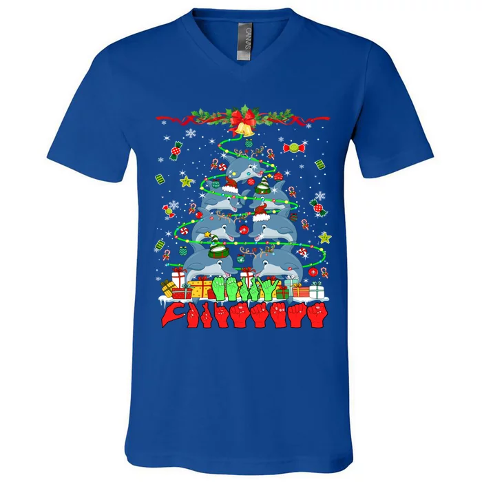 Santa Reindeer Dolphins Xmas Tree Hands Sign Language Gift V-Neck T-Shirt