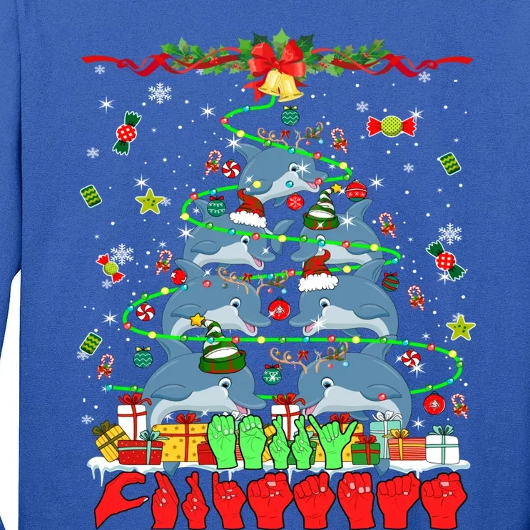 Santa Reindeer Dolphins Xmas Tree Hands Sign Language Gift Tall Long Sleeve T-Shirt