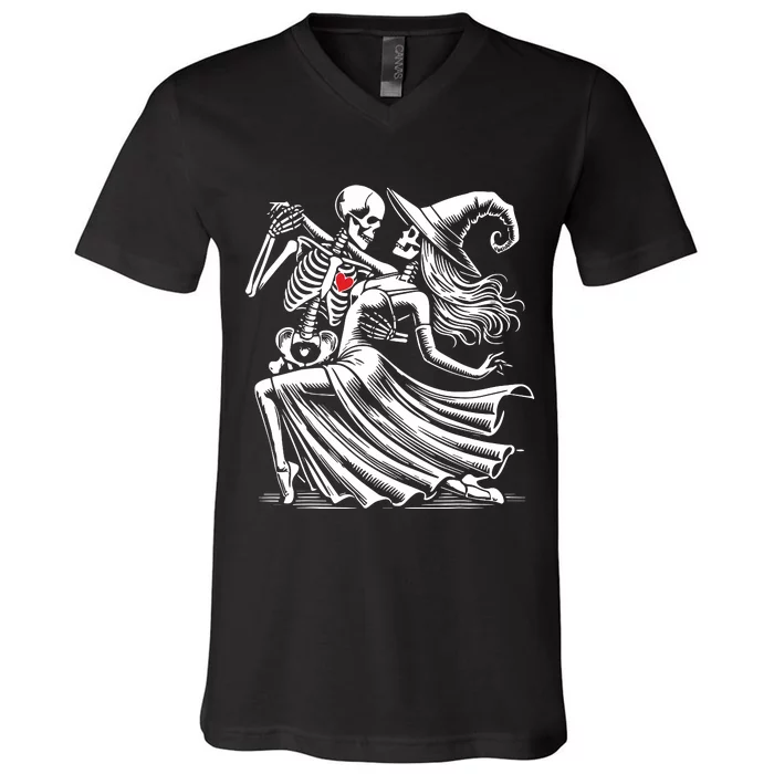 Skeleton Romance Dance With Witch Funny Halloween Women V-Neck T-Shirt