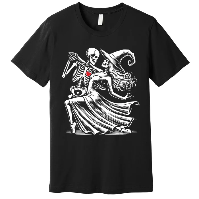 Skeleton Romance Dance With Witch Funny Halloween Women Premium T-Shirt