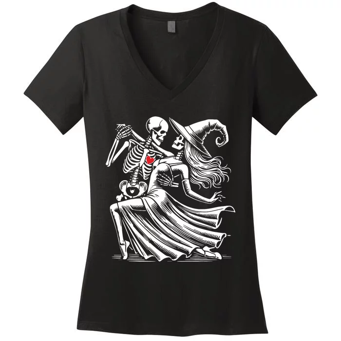 Skeleton Romance Dance With Witch Funny Halloween Women Women's V-Neck T-Shirt