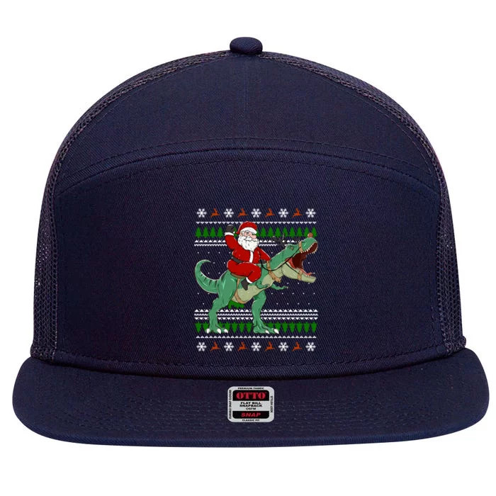 Santa Riding Dino Funny Christmas Ugly Sweater Cool Gift 7 Panel Mesh Trucker Snapback Hat