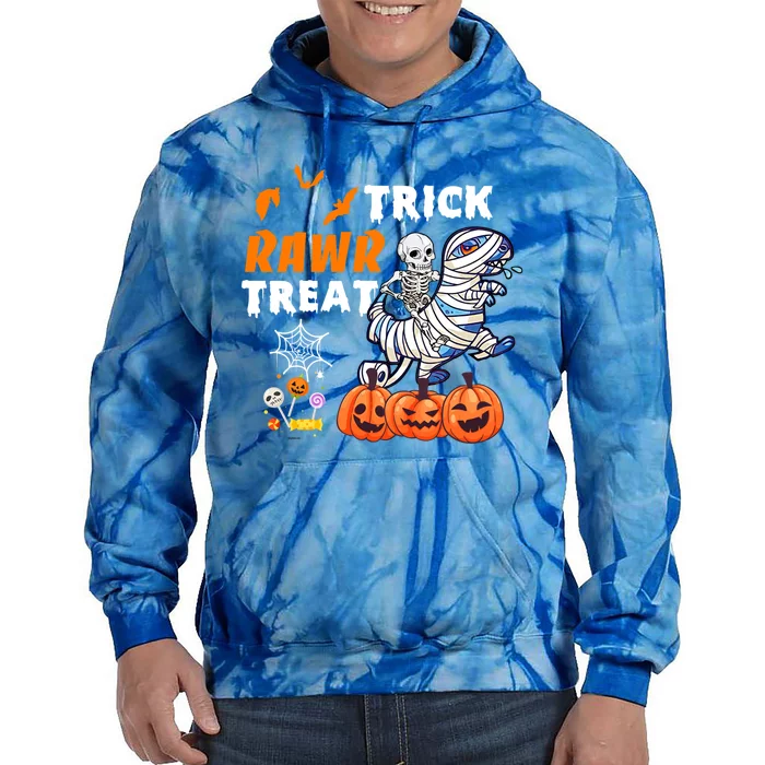 Skeleton Riding Dinosaur TRex Trick Rawr Treat Halloween Gift Tie Dye Hoodie