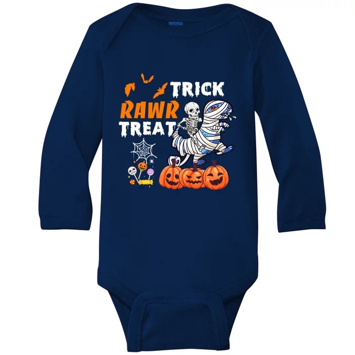 Skeleton Riding Dinosaur TRex Trick Rawr Treat Halloween Gift Baby Long Sleeve Bodysuit