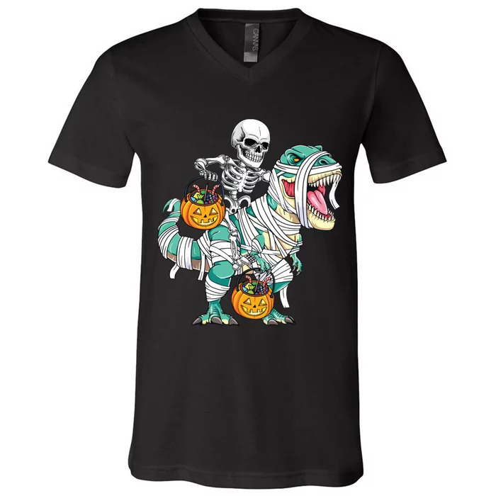 Skeleton Riding Dinosaur T Rex Funny Kids Boy Halloween V-Neck T-Shirt