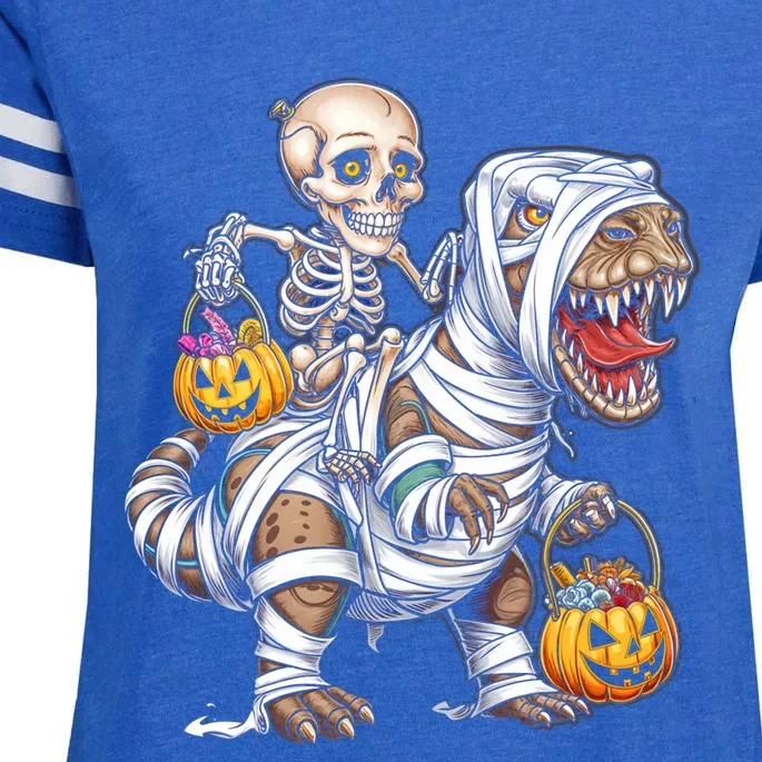 Skeleton Riding Dinosaur Mummy Halloween Pumpkin Design Meaningful Gift Enza Ladies Jersey Football T-Shirt