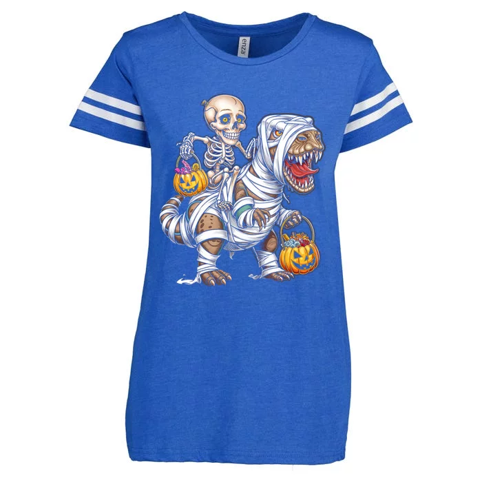 Skeleton Riding Dinosaur Mummy Halloween Pumpkin Design Meaningful Gift Enza Ladies Jersey Football T-Shirt