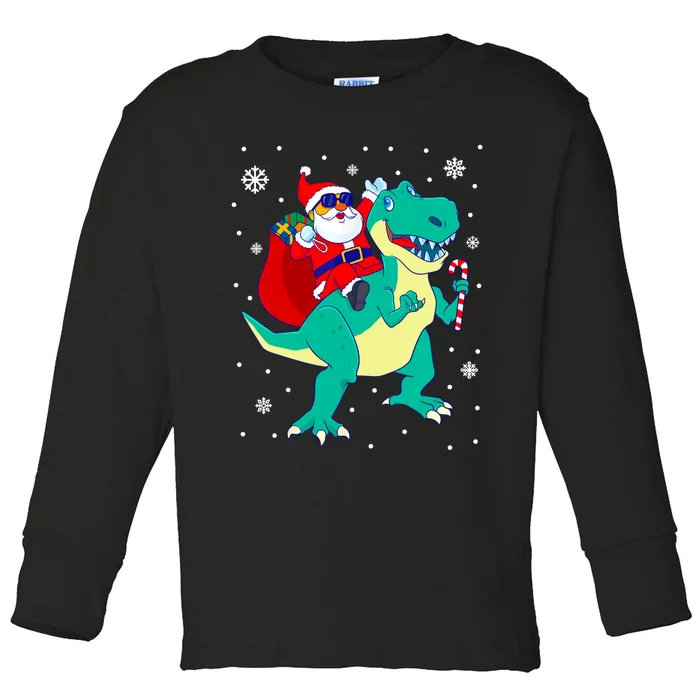 Santa Riding Dinosaur Christmas T Rex Rawr Boy Gift Toddler Long Sleeve Shirt