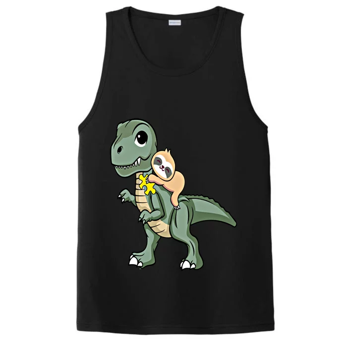 Sloth Riding Dinosaur Autism Awareness Cute Trex Puzzle Gift Performance Tank