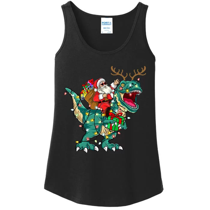 Santa Riding Dinosaur T rex Deer Christmas Ladies Essential Tank