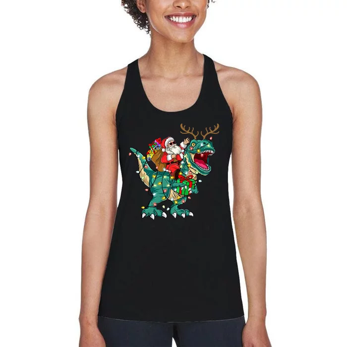 Santa Riding Dinosaur T rex Deer Christmas Women's Racerback Tank