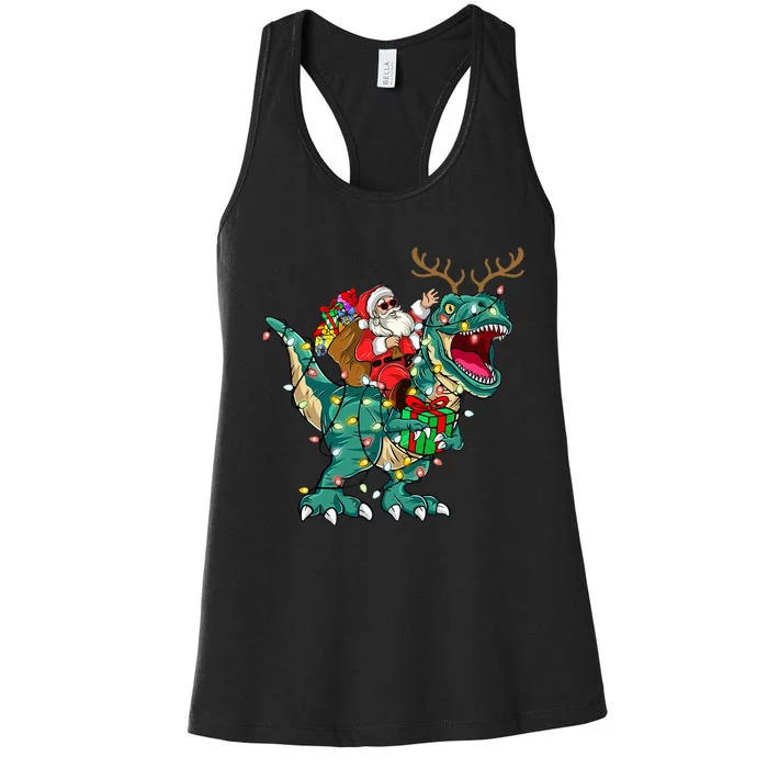 Santa Riding Dinosaur T rex Deer Christmas Women's Racerback Tank