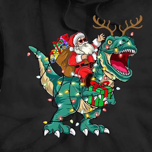 Santa Riding Dinosaur T rex Deer Christmas Tie Dye Hoodie