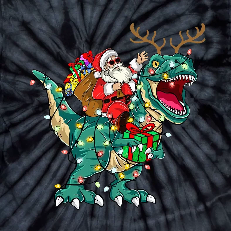 Santa Riding Dinosaur T rex Deer Christmas Tie-Dye T-Shirt