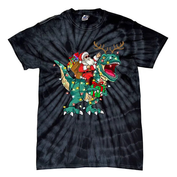 Santa Riding Dinosaur T rex Deer Christmas Tie-Dye T-Shirt