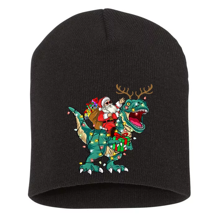 Santa Riding Dinosaur T rex Deer Christmas Short Acrylic Beanie