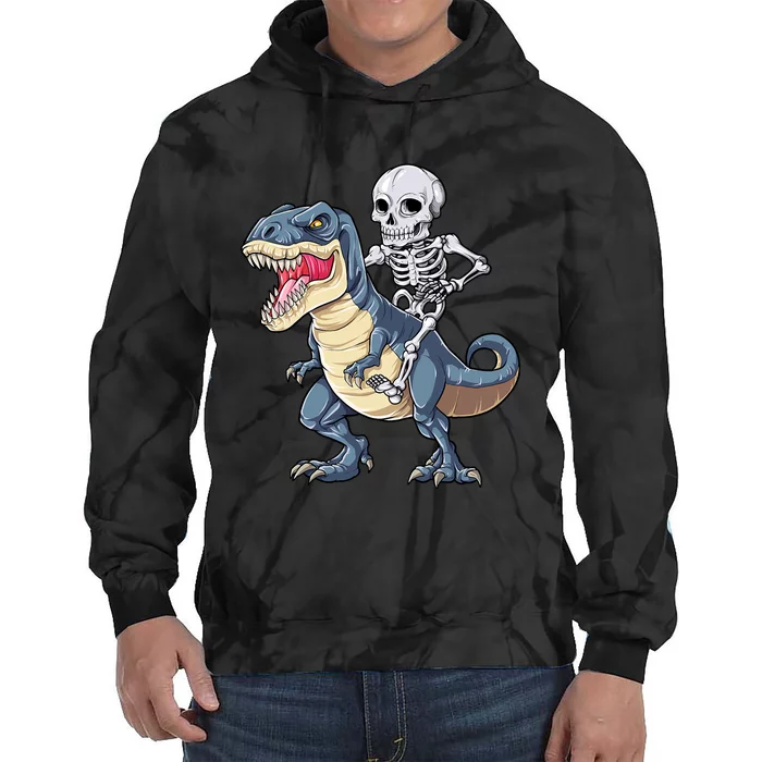 Skeleton Riding Dinosaur T Rex Halloween Tie Dye Hoodie