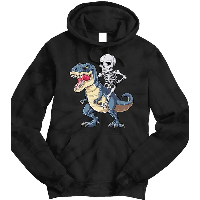 Skeleton Riding Dinosaur T Rex Halloween Tie Dye Hoodie