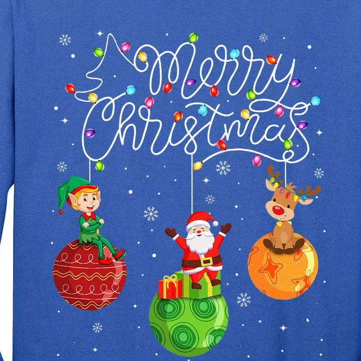 Santa Reindeer Elf Merry Christmas Lights Ornaments Balls Tall Long Sleeve T-Shirt