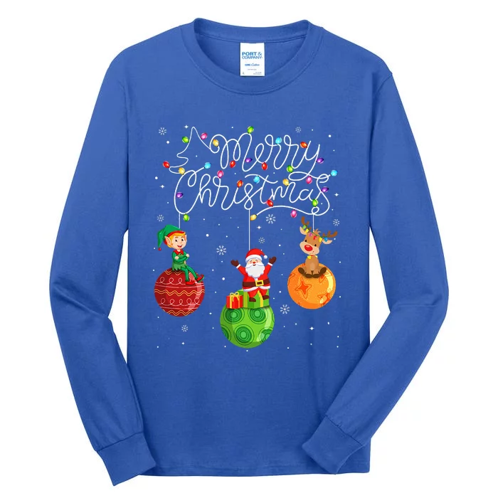 Santa Reindeer Elf Merry Christmas Lights Ornaments Balls Tall Long Sleeve T-Shirt