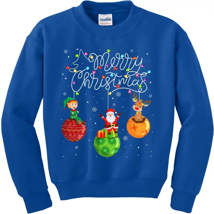 Santa Reindeer Elf Merry Christmas Lights Ornaments Balls Kids Sweatshirt