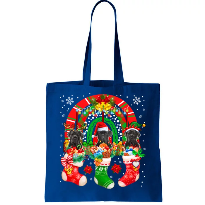 Santa Reindeer Elf Cane Corso Dogs In Xmas Socks Rainbow Gift Tote Bag