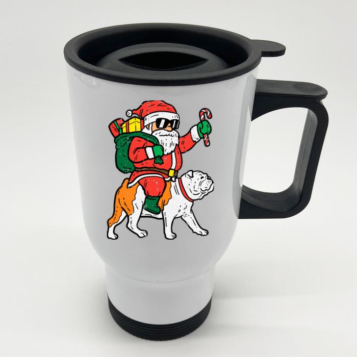 Santa Riding English Bulldog Christmas Xmas Front & Back Stainless Steel Travel Mug