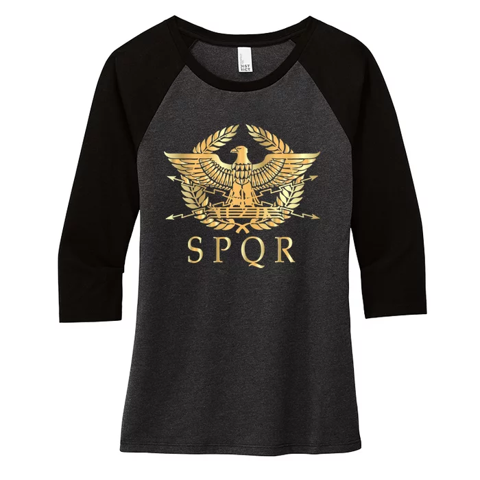 Spqr Roman Empire Standard Eagle Emblem Vintage Gold Shield Women's Tri-Blend 3/4-Sleeve Raglan Shirt