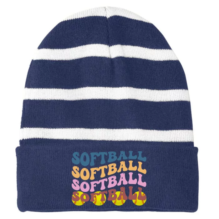 Softball Retro Groovy Sport Lover Striped Beanie with Solid Band