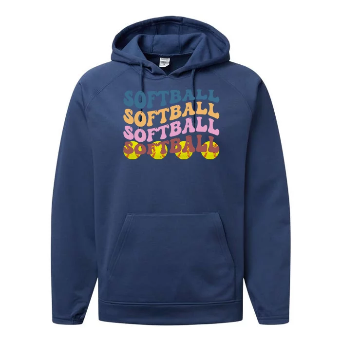 Softball Retro Groovy Sport Lover Performance Fleece Hoodie