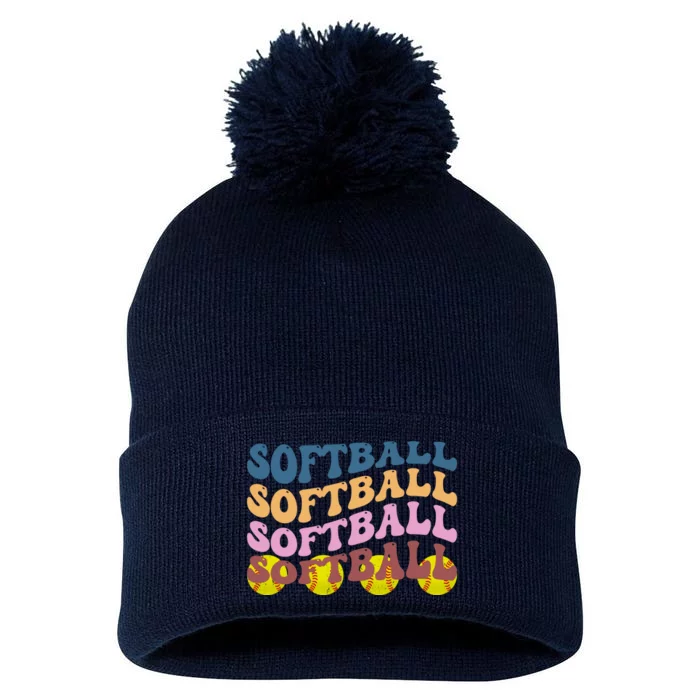 Softball Retro Groovy Sport Lover Pom Pom 12in Knit Beanie