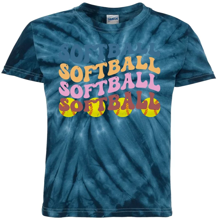 Softball Retro Groovy Sport Lover Kids Tie-Dye T-Shirt