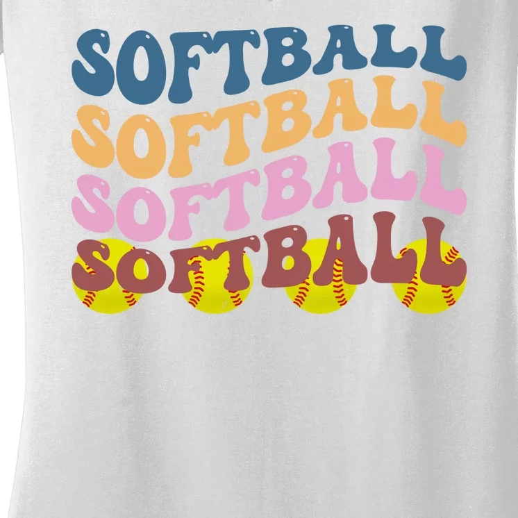 Softball Retro Groovy Sport Lover Women's V-Neck T-Shirt