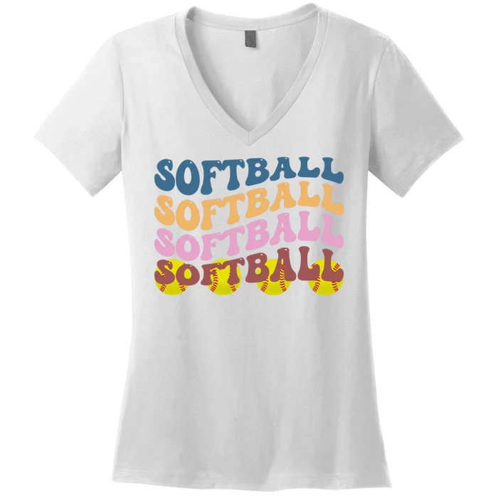 Softball Retro Groovy Sport Lover Women's V-Neck T-Shirt