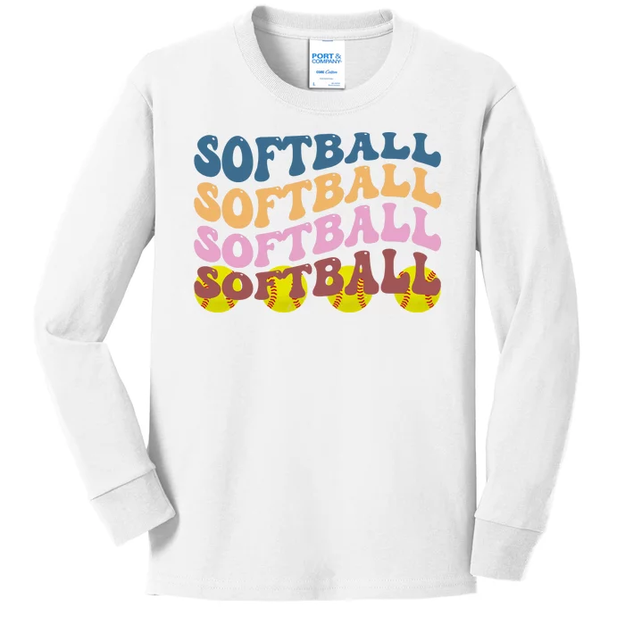 Softball Retro Groovy Sport Lover Kids Long Sleeve Shirt